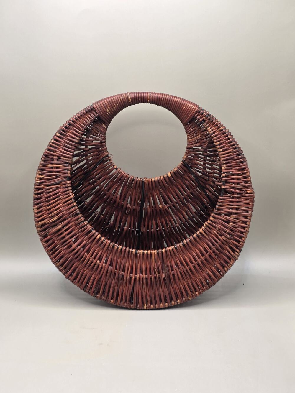 Vintage Woven Wicker Hanging Wall Pocket Basket Half Moon Crescent Boho...